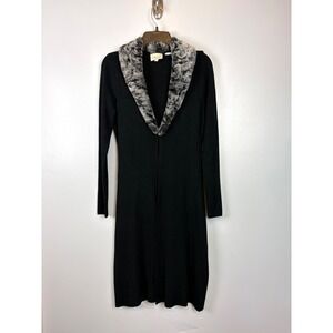 Y2K Cache Black Knit Maxi Duster Cardigan Small Faux Fur Collar Long Bratz Glam